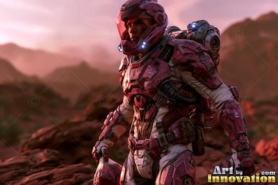 Turned sideways on a red rocky planet, an astronaut in a red spacesuit