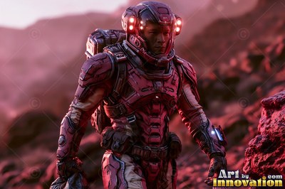 An astronaut in a red armored spacesuit walks across a rocky desert under pink light