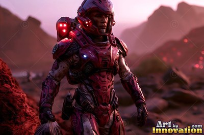 Astronaut in red armor standing in a rocky desert landscape