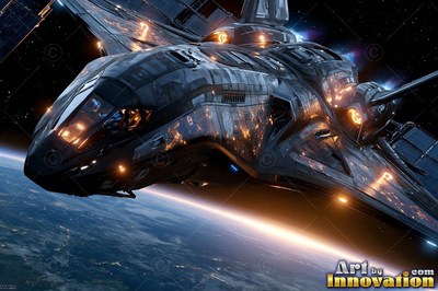 A dark gray spaceship flies above a blue planet with warm orange light along the curve