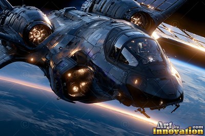 In orbit over Earth, a dark metal spaceship flies above a blue horizon