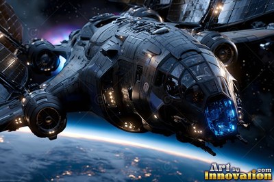 Orbiting high above Earth, a dark gray spaceship glides with blue cockpit windows