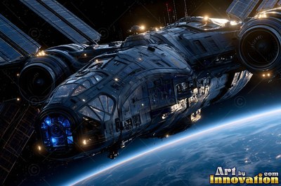 Dark metal spaceship in orbit high above a blue planet