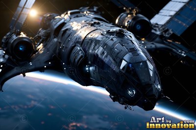 Dark gray hull panels cover a spaceship flying in orbit over a blue planet