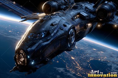 A dark metal spaceship orbits high above Earth, catching bright sunlight along its curved cockpit