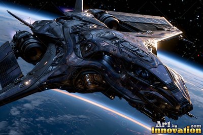 Angled downward over Earth, a dark metal spaceship glides in orbit