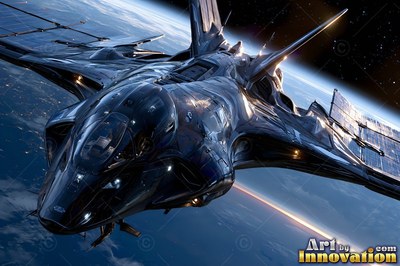A shiny black spacecraft glides in orbit high above a blue planet