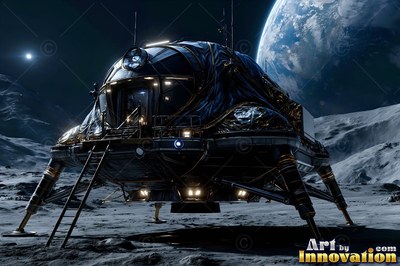 On the cratered surface of the moon, a dark lunar lander sits below Earth
