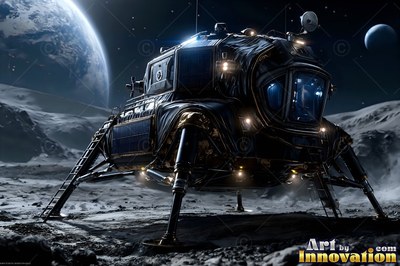 Resting on rocky lunar ground, a dark lander module stands under Earth light