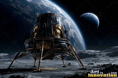 A gold lunar lander stands on a gray moon with Earth behind it