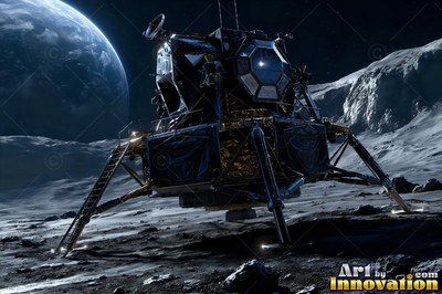 Gold foil covers a lunar lander parked on gray moon rocks under a large blue Earth
