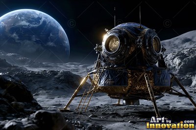 A lunar lander rests on the moon crater floor, sunlight catching its gold foil panels under Earth
