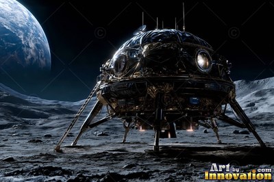Perched on long metal legs, a round lander rests on the gray moon