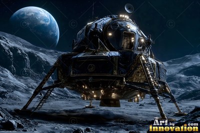 A dark lunar lander sits on the moon's cratered surface with the blue earth in the sky