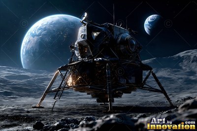 On a rocky moon, a lunar lander rests under two blue planets