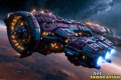 Cruising above a reddish planet, a heavy spaceship fires bright blue engines into deep space
