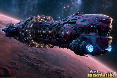 A red spaceship with blue thrusters orbits a planet