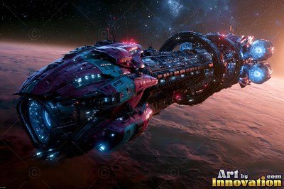 Purple and teal hull plates cover a long spacecraft as it drifts in space above a red planet