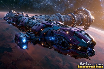 A long spaceship drifts above a red planet with small blue lights shining along its hull