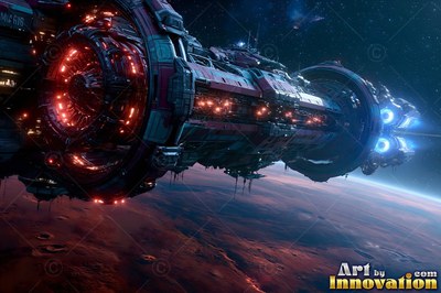 Angled downward over a red planet, a long spaceship fires blue thrusters