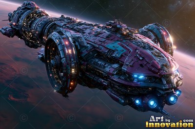A heavy dark purple spaceship cruises above a red planet with bright blue engines