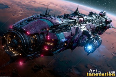 In orbit above a red planet, a long purple and teal spaceship flies through space