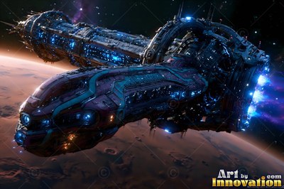 Orbiting high above a red planet, a large spaceship fires bright blue thrusters