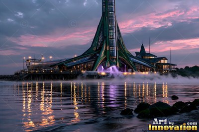 A green rocket docked at a harbor under a pink dusk sky