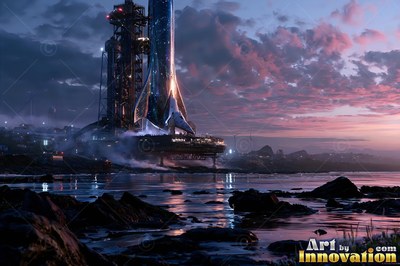 Finned rocket hull standing on a coastal launch pad beneath pink dawn clouds