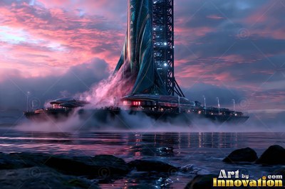 A rocket vents white steam onto a floating platform against pink dusk clouds