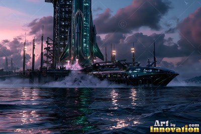 Standing upright at dusk, a tall green rocket sits on a launch platform at sea