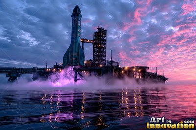 A tall rocket stands on an ocean platform shrouded in mist under pink sunset clouds