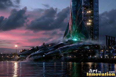 At a dusky waterfront launchpad, a rocket releases steam under a pink sky