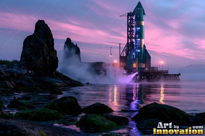 Venting steam on a coastal platform, a green rocket stands under a pink dusk sky