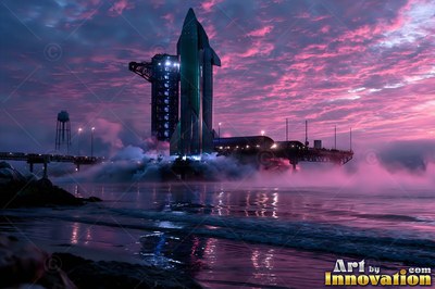 A rocket on a seaside launch pad under a pink sky