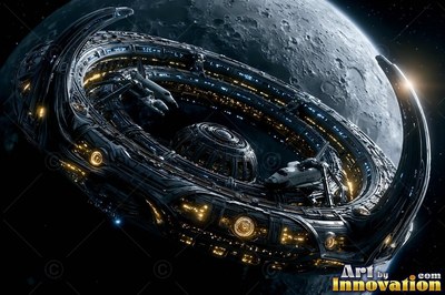 Bright yellow window lights line a dark circular space station orbiting a cratered moon