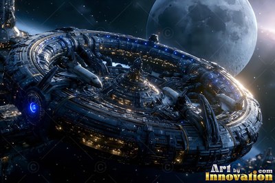 A round space station drifts near a moon with warm yellow lights along the dark hull