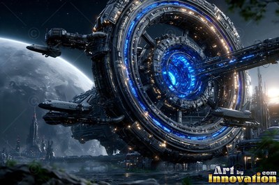 Tilted on its side above a moon base, a circular space station shines with blue light