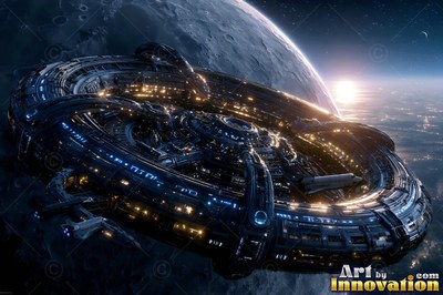 A dark round space station with yellow lights floats above a gray moon in space