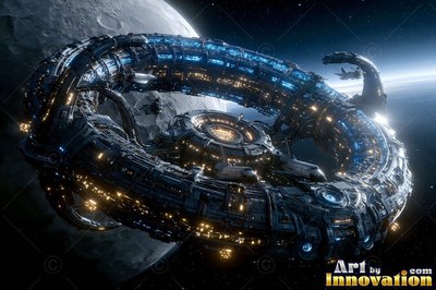 Orbiting a gray moon, a circular space station turns with bright blue and yellow lights