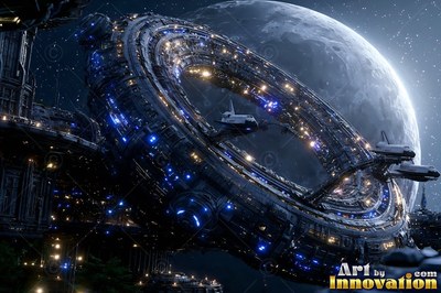 Dotted with blue lights, a circular space station floats near a cratered moon
