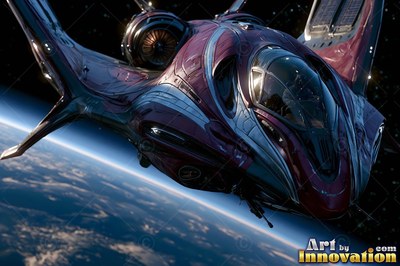 A maroon spaceship orbits Earth with bright sunlight glinting on its cockpit canopy