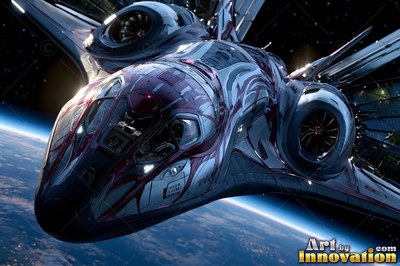 Banking downward above Earth, a silver spaceship flies with dark red markings