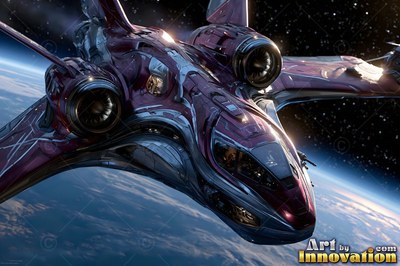 A maroon and silver spaceship glides in orbit high above a blue planet