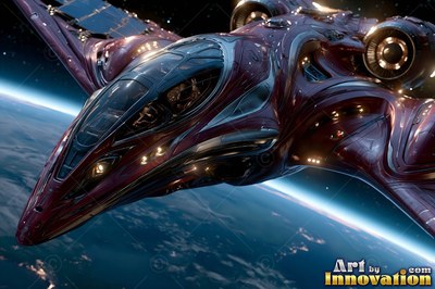 High above Earth, a sleek red spaceship glides through deep blue orbit