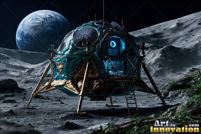 Resting on a cratered moon surface, a teal lunar lander faces a blue earth in the sky