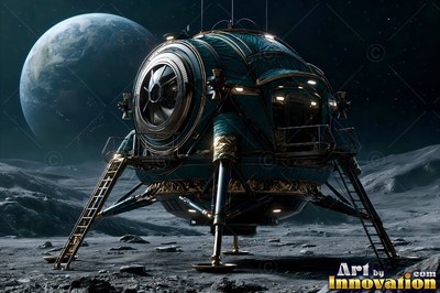 Teal lunar lander resting on the moon with Earth behind it