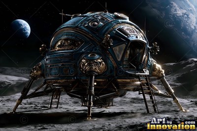 Polished brass legs support a round blue lander on a cratered moon below distant planets