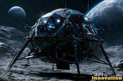 A lunar lander rests on a cratered surface beneath cool blue planetary light