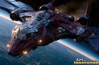 Banked at an angle, a red spacecraft flies high above planet Earth